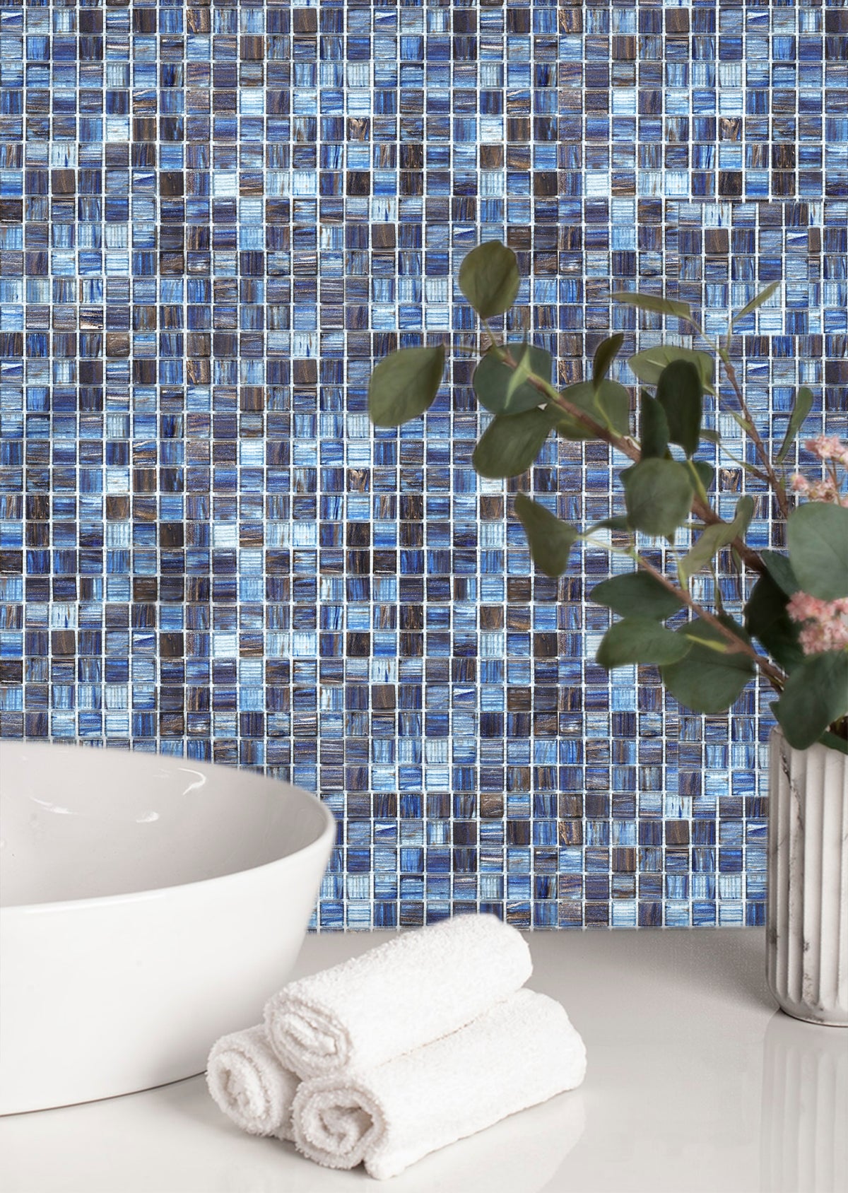 Mesh-Mounted Glass Mosaic Tile Backsplash, 12” x 12” Blue Glass Backsplash Wall Tile for Kitchen Bathroom Swimming Pool (8 Sheets, 8 sq.ft)