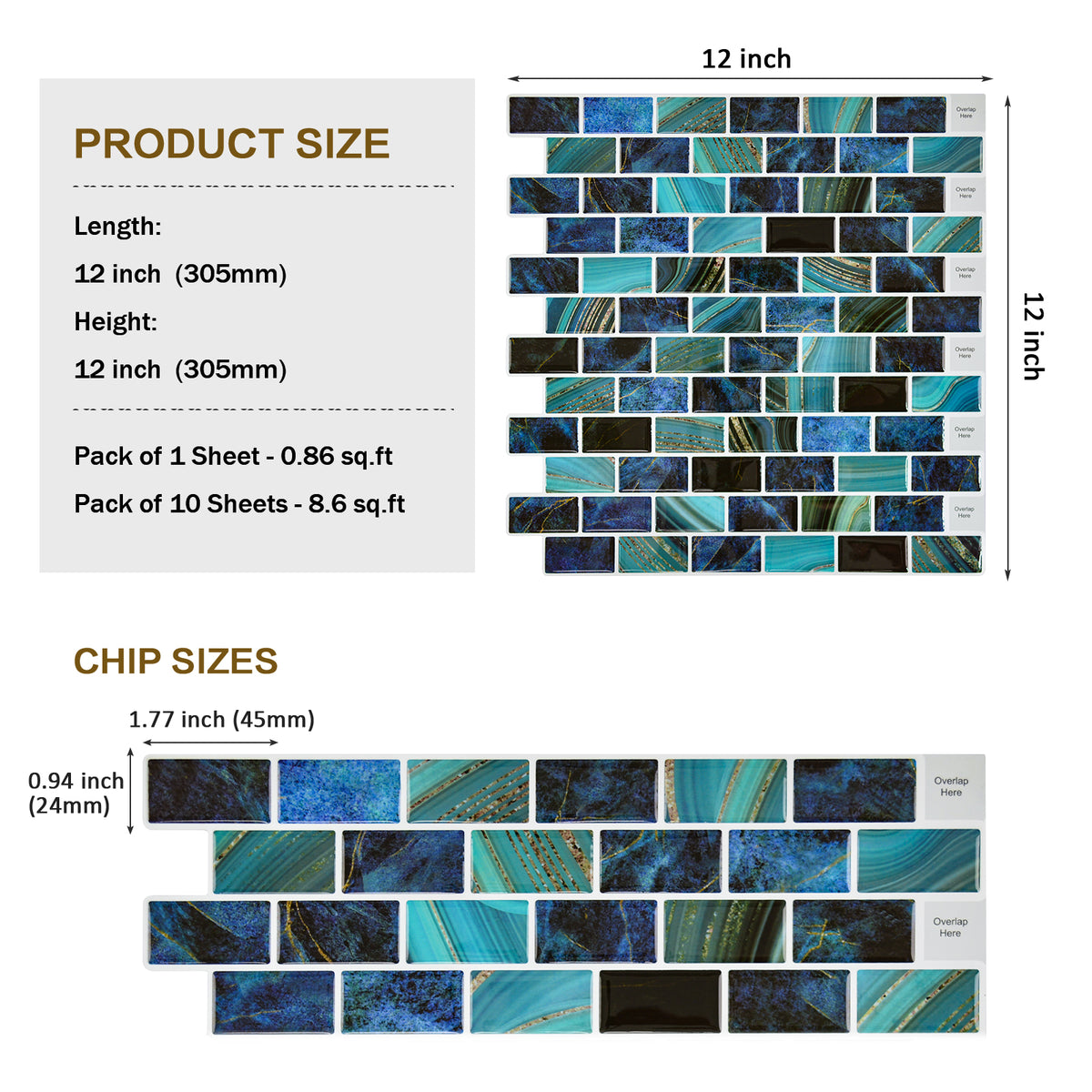 Subway Tiles Peel and Stick Backsplash, Self Adhesive Blue Backsplash Stick on Wall Tiles Sticker for Kitchen Bathroom (10 Sheets, 12"x12")
