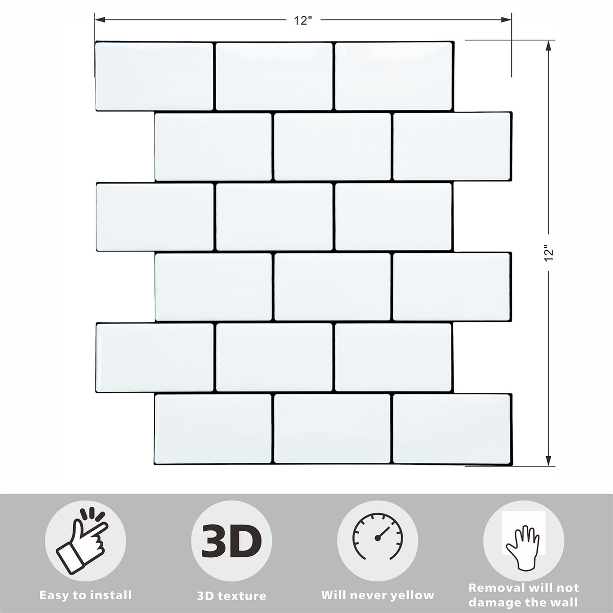 Subway Peel and Stick Backsplash, 10 Sheets of 12" × 12" Thicker Design 3D Adhesive Stick on Wall Tiles for Kitchen Bathroom