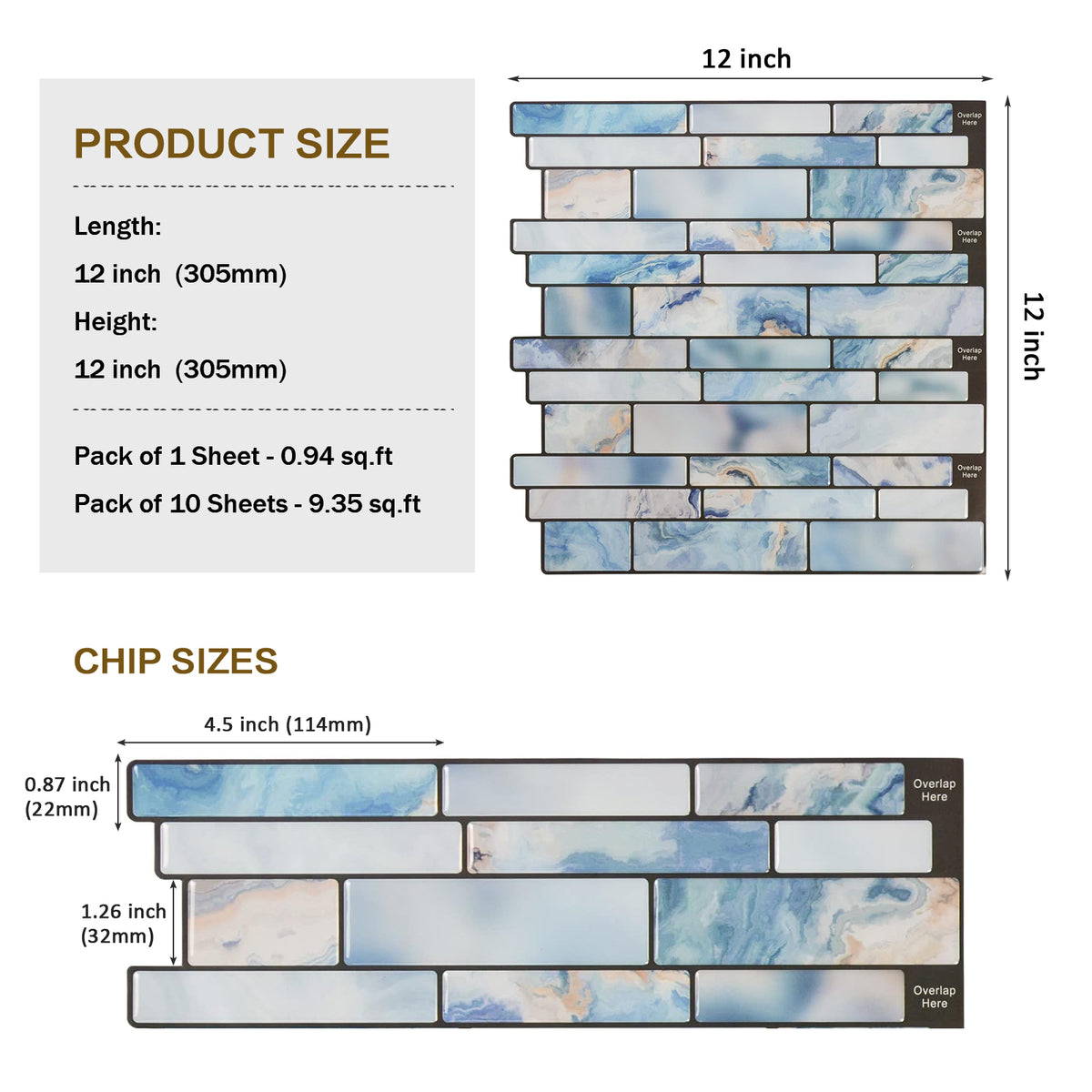 10-Sheet Peel and Stick Backsplash Tile, 12"x12" Blue Marble 3D Self-Adhesive Subway Tiles for Kitchen Bathroom