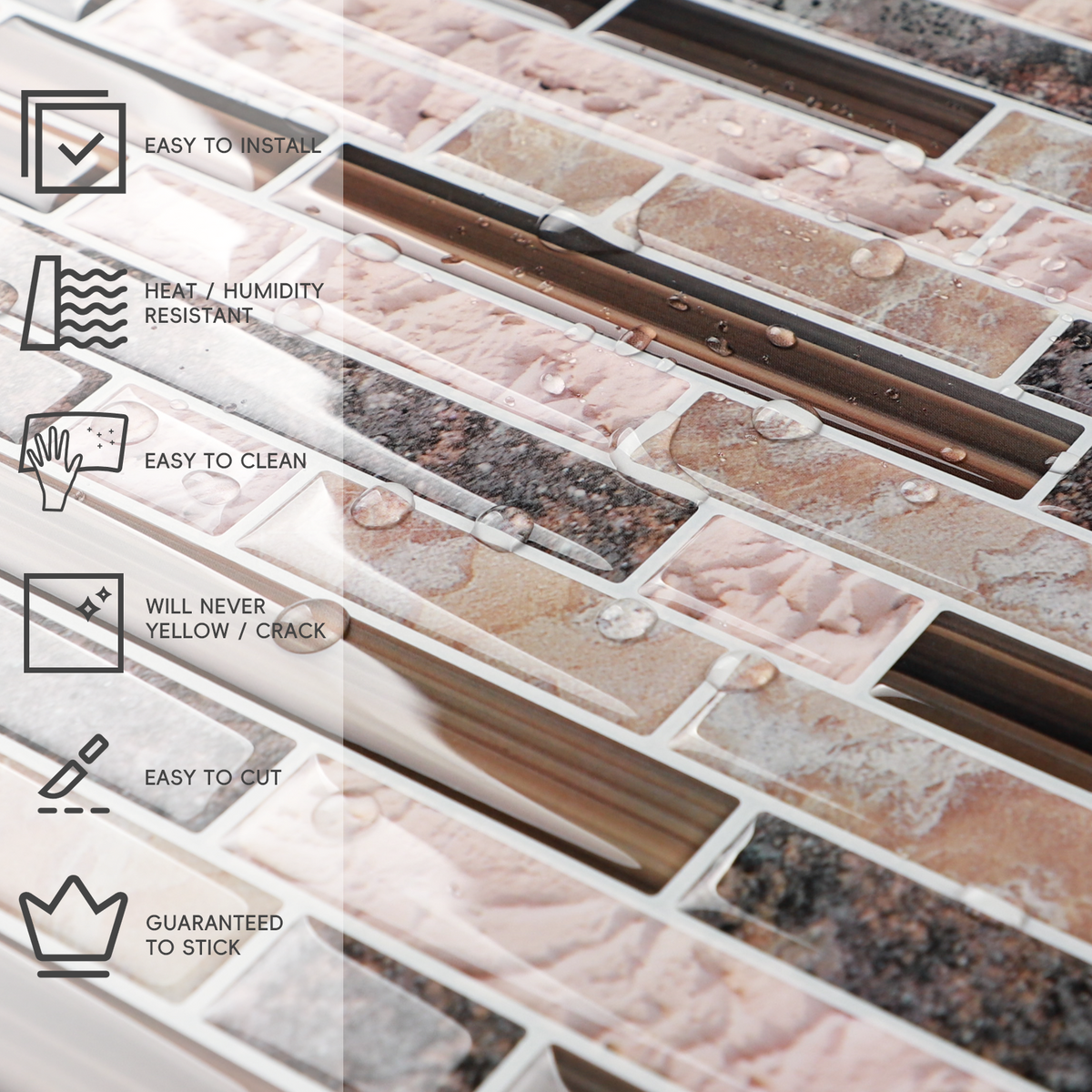 Peel and Stick Backsplash Tiles, 10 Sheets of 12" × 12" 3D Adhesive Brown Marble Peel and Stick On Wall Tile for Kitchen Bathroom