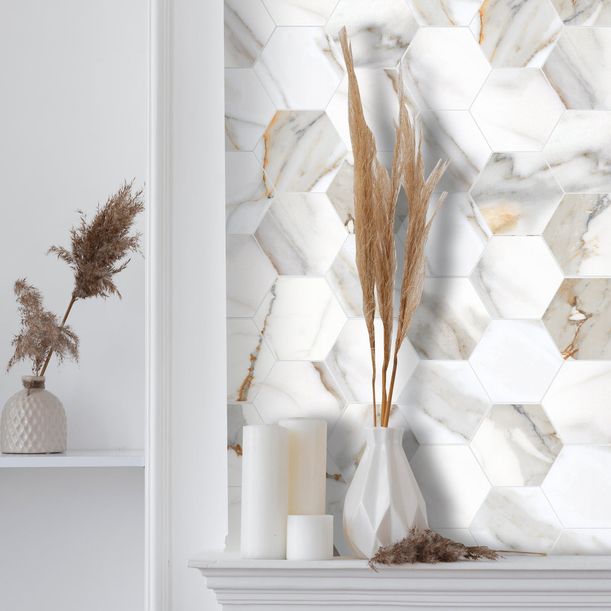 16-Piece Hexagon Peel and Stick Backsplash Tiles, 9"x7.87" Self Adhesive Glossy Faux Marble Wall Tile for DIY Home Decor