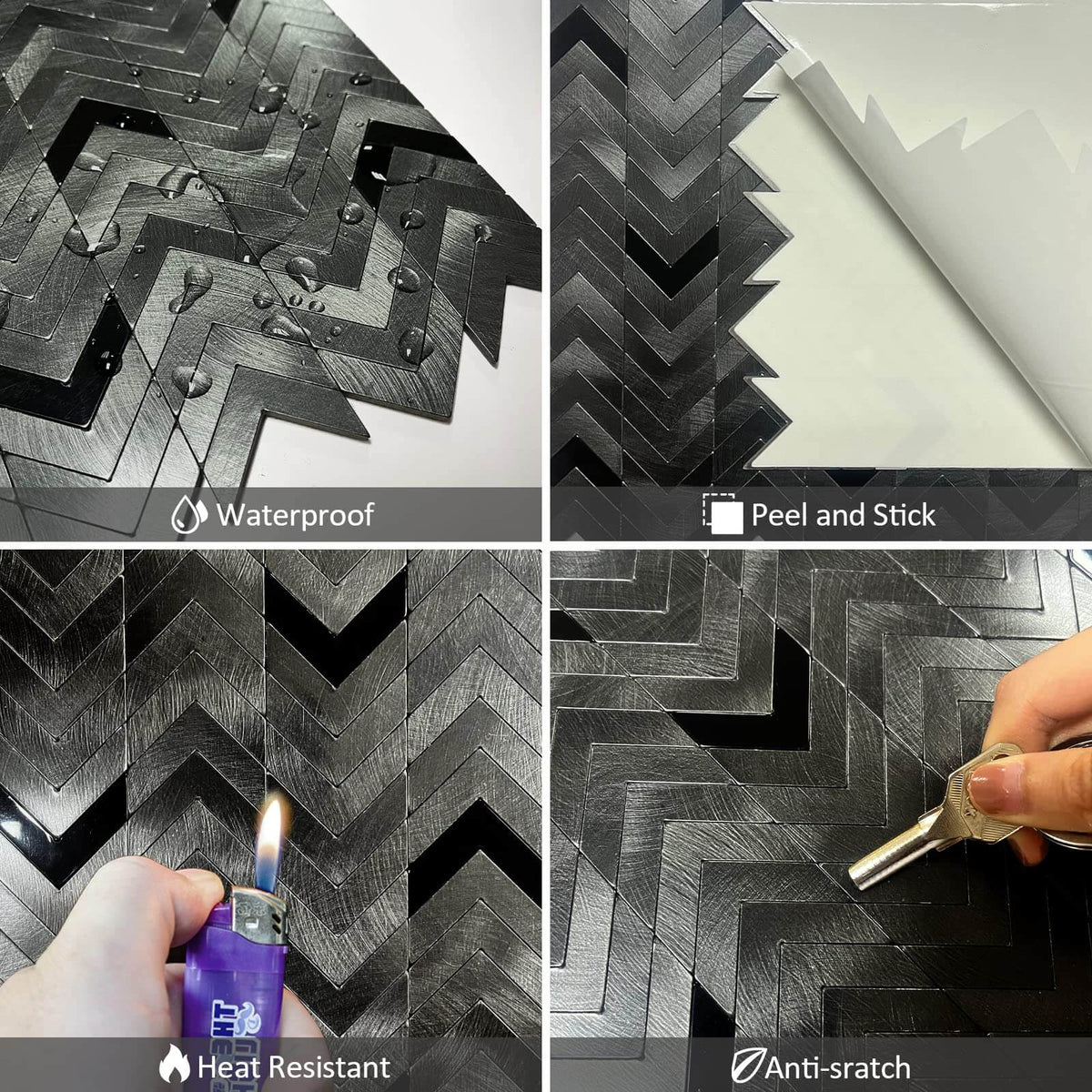 Black Peel and Stick Backsplash, Mini Herringbone Stick on Wall Tiles Self-Adhesive Aluminum Metal Backsplash for Kitchen Fireplace (12 Sheets) - HOMEART