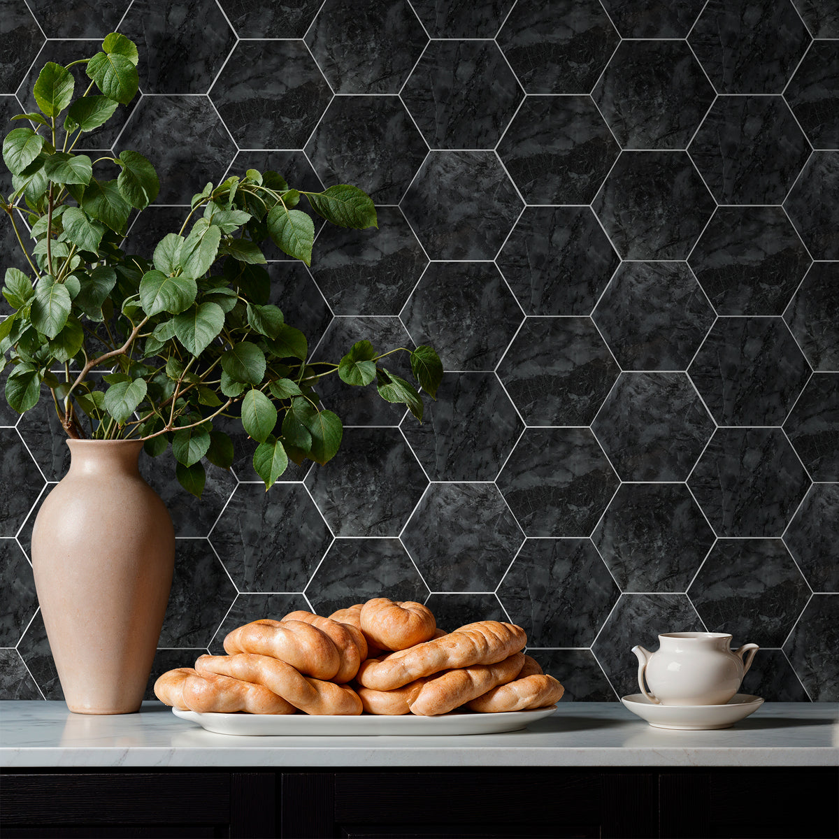 16-Piece Hexagon Peel and Stick Backsplash Tiles, 9"x7.87" Self Adhesive Glossy Faux Marble Wall Tile for DIY Home Decor