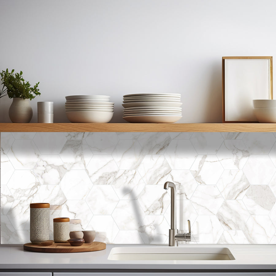 16-Piece Hexagon Peel and Stick Backsplash Tiles, 9"x7.87" Self Adhesive Glossy Faux Marble Wall Tile for DIY Home Decor