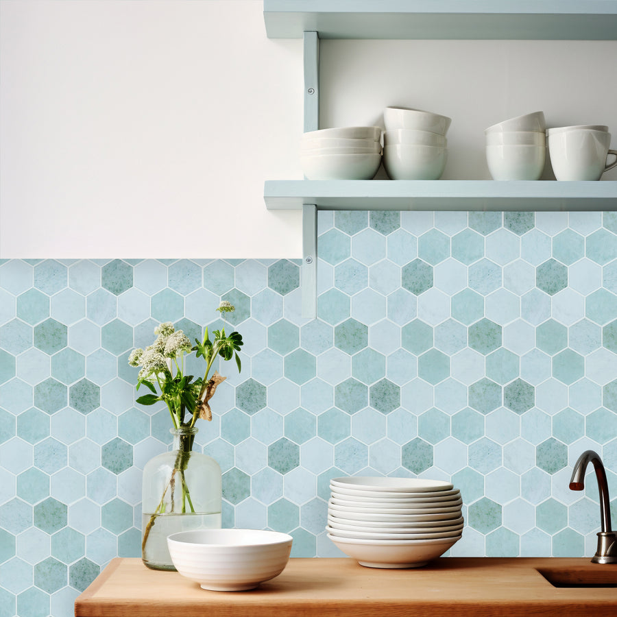 Hexagon Peel and Stick Backsplash, 12"x 12" Self-Adhesive Marble Green Honeycomb Stick on Wall Tiles for Kitchen Bathroom (10 Sheets)