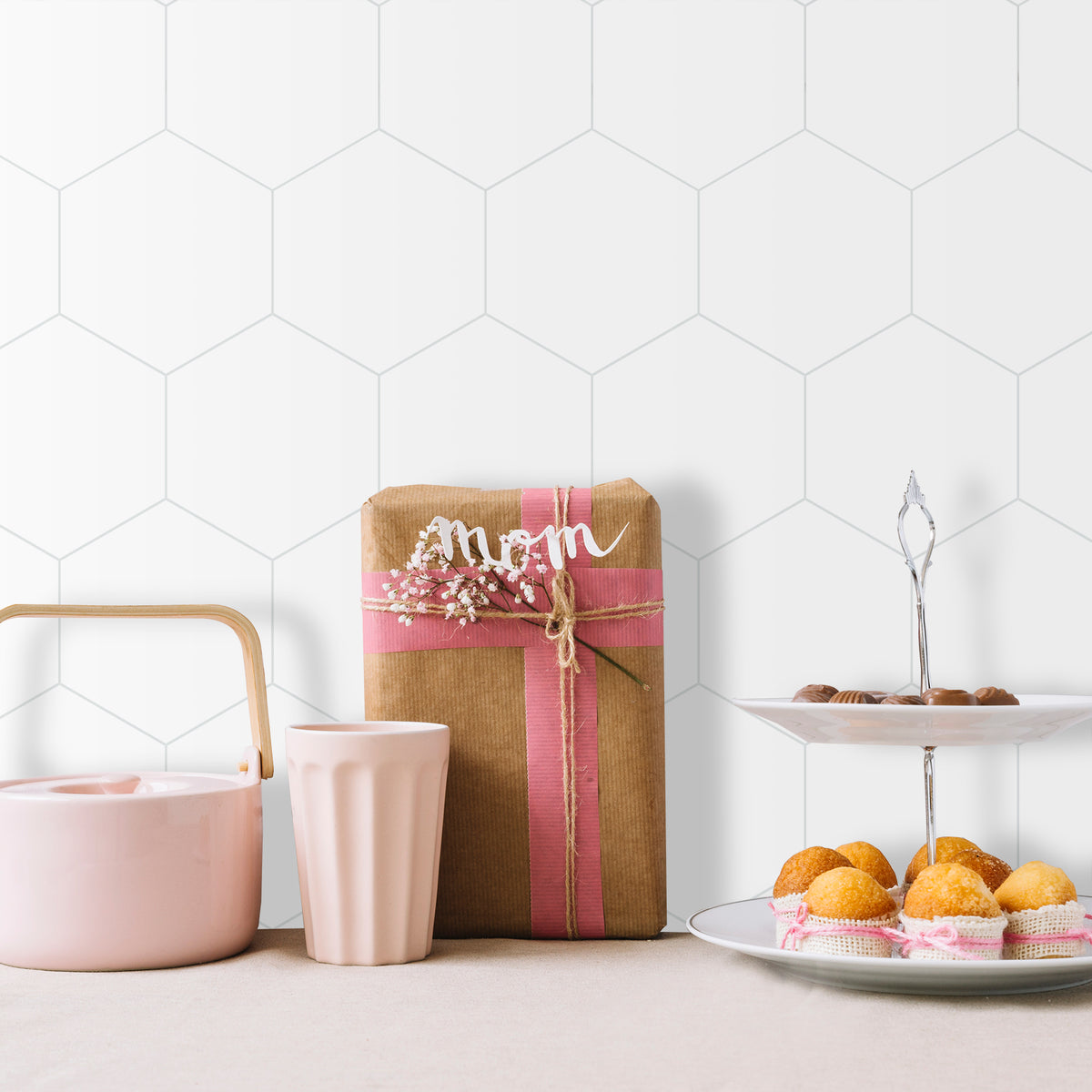 16-Piece Hexagon Peel and Stick Backsplash Tiles, 9"x7.87" Self Adhesive Glossy Faux Marble Wall Tile for DIY Home Decor