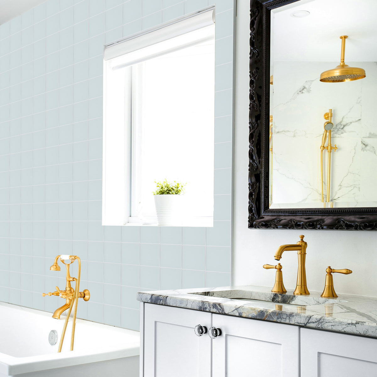 Peel and Stick Glass Tile, Square Mosaic Wall Tiles with Frame, Stick on Glass Backsplash (5 Sheets, 12"x12")