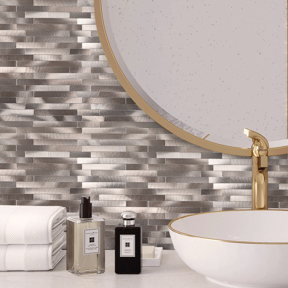 6 Sheets Peel and Stick Backsplash Linear Tile for Kitchen, Self Adhesive Brushed Aluminum Stick on Wall Tiles for Bathroom Fireplace